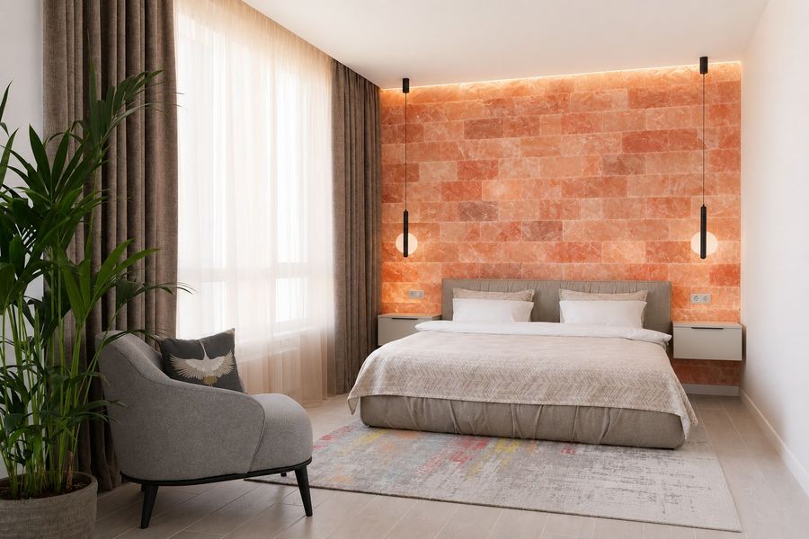 Bedroom with Himalayan salt tile accent wall