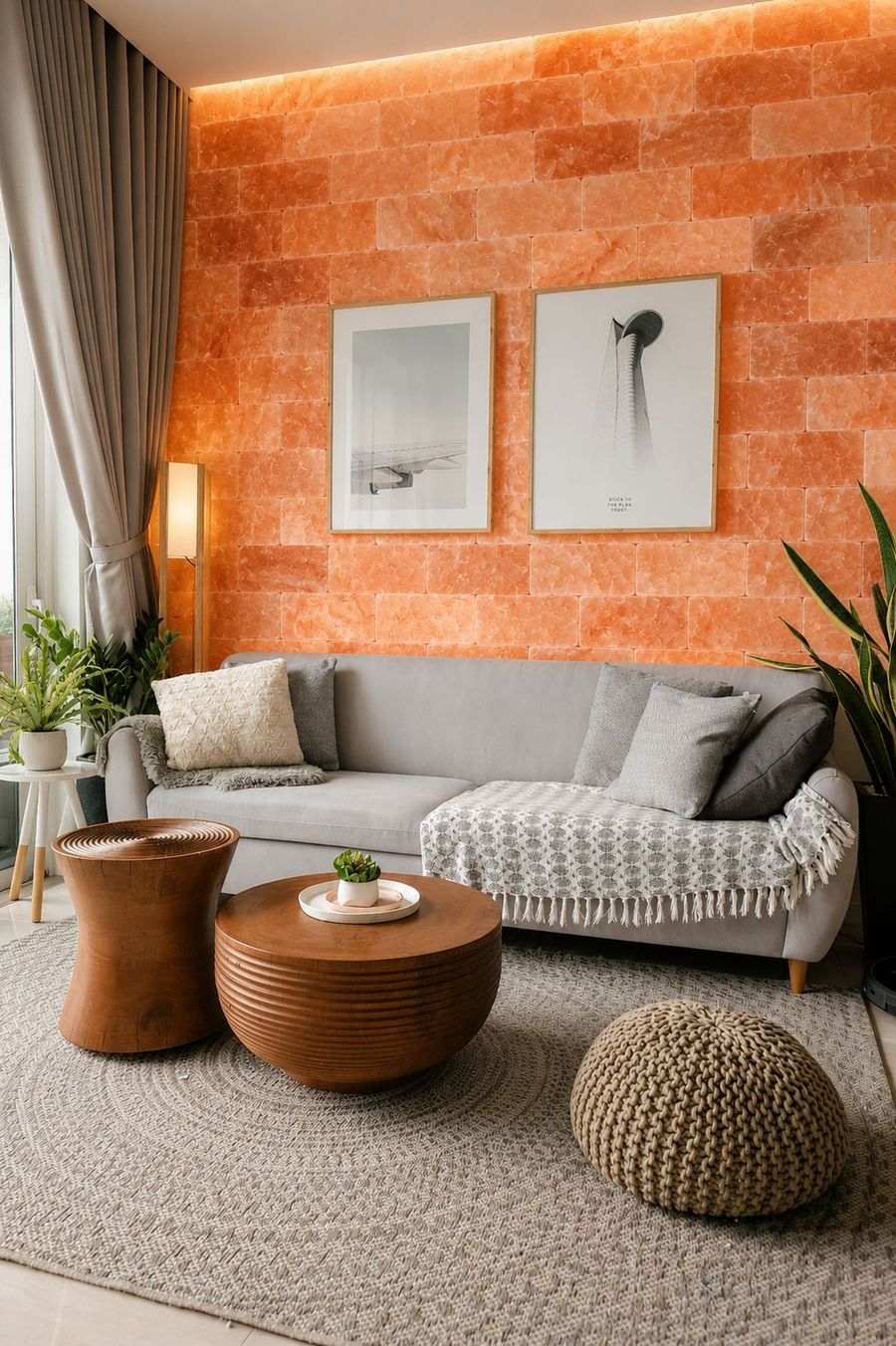 Living room with backlit Himalayan salt tile wall